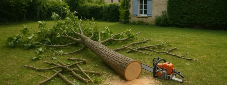 arbre au sol coupé à la base avec tronçonneuse à Saint-Germain-en-Laye