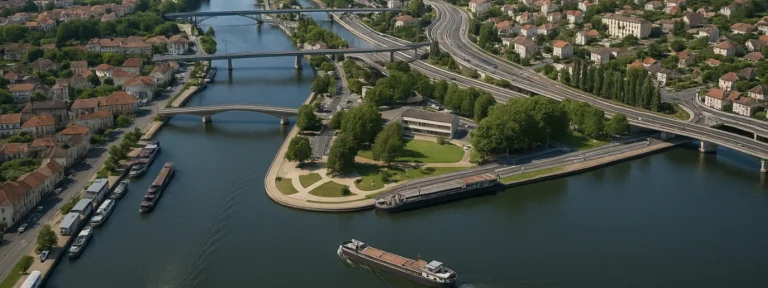 Vue aérienne du port de Conflans-Sainte-Honorine et des péniches