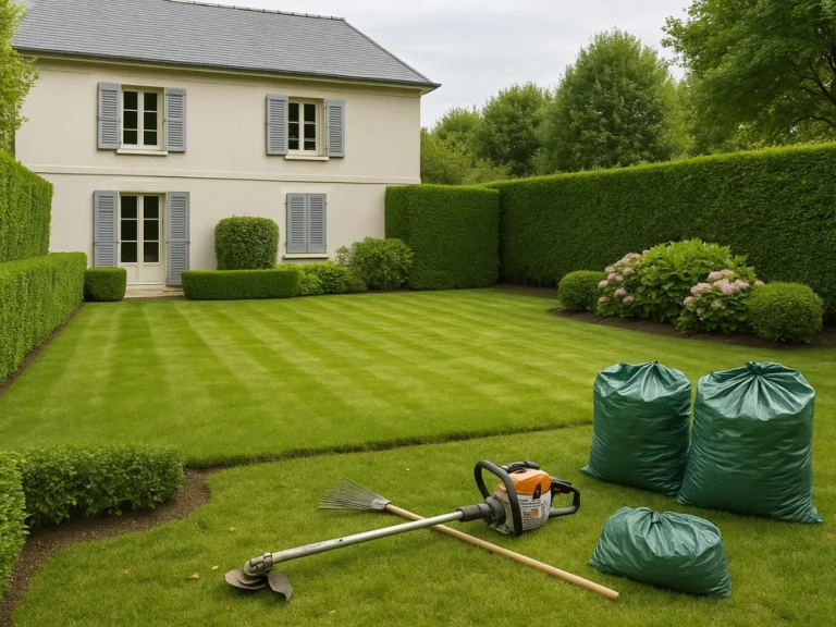 Jardin tondu avec sacs de déchets verts, entretien éligible à Saint-Germain-en-Laye