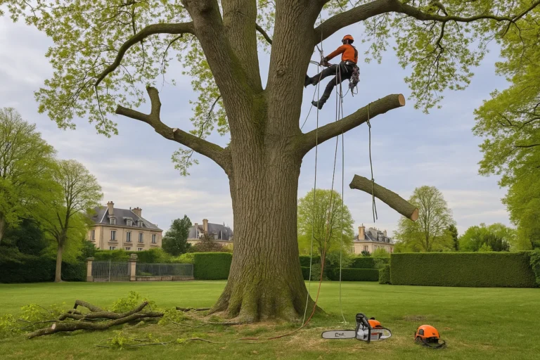 Grimpeur-élagueur intervenant sur un grand arbre à Saint-Germain-en-Laye