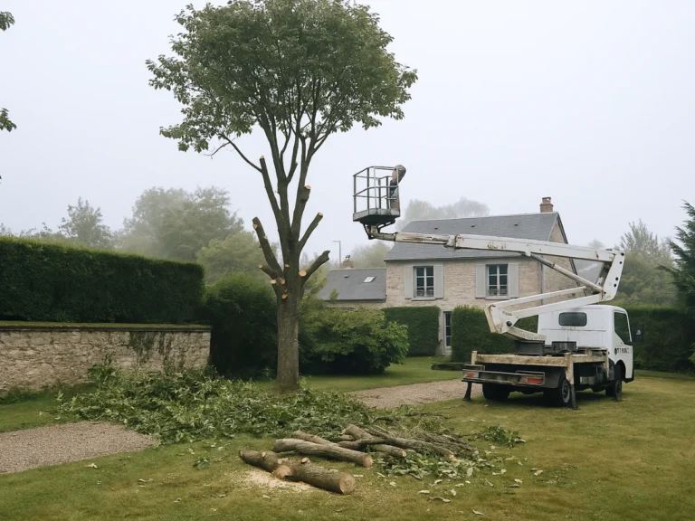 Élagage d’un grand arbre à l’aide d’une nacelle dans un jardin résidentiel