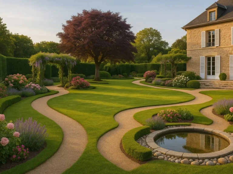 Jardin fleuri haut de gamme avec allées sinueuses à Saint-Germain-en-Laye