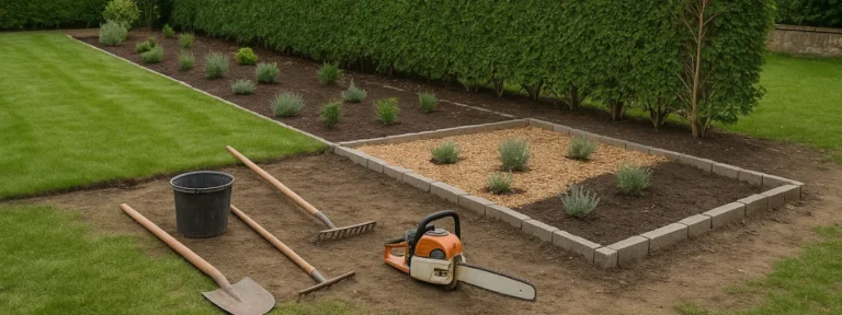 chantier d’aménagement paysager avec outils et jeunes plantations à Saint-Germain-en-Laye