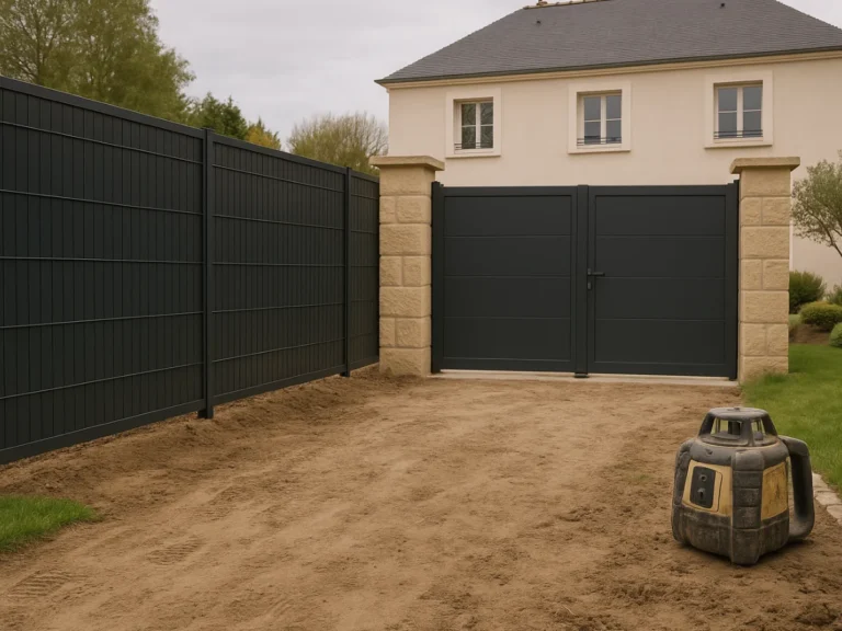 Portail en aluminium noir avec clôture assortie en cours d’installation