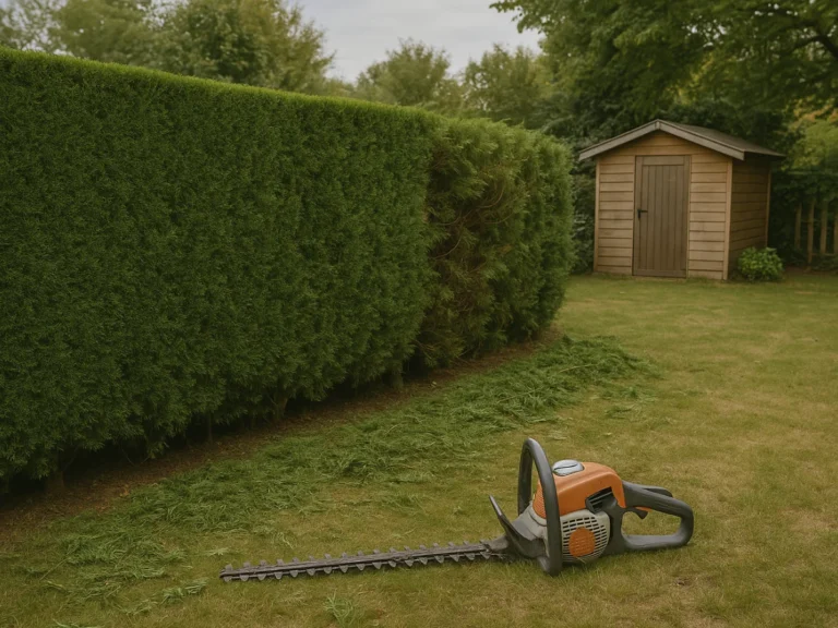 Taille de haie avec taille-haie thermique près d’un abri de jardin